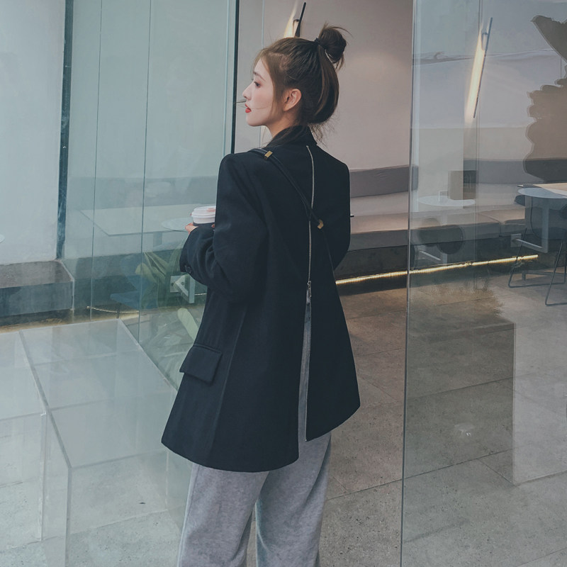 Retro Port Wind Chic Korean Version Loose Back Zipper Small Suit Jacket Woman Spring Autumn New Black Western Suit Blouse-Taobao