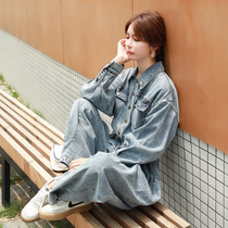 Han Version Loose High Waist Display Slim Tooling Denim One-piece Pants Woman 2022 Chunqiu New Fashion Less-age Lieven suit