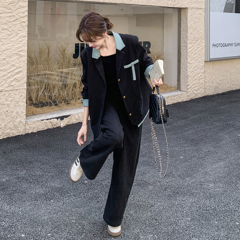 High-End Denim Spliced Black Suit Set for Women, Spring 2026 New Style, Professional Commuting Suit Jacket Two-Piece Set