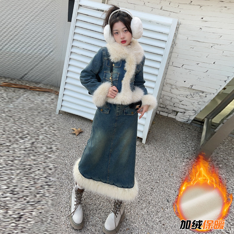 Girl Suit Plus Suede Autumn Winter Thickened Warm Winter Clothing Two Sets Ladies Great Boy Denim Jacket Half Body Skirt Ocean Tide-Taobao