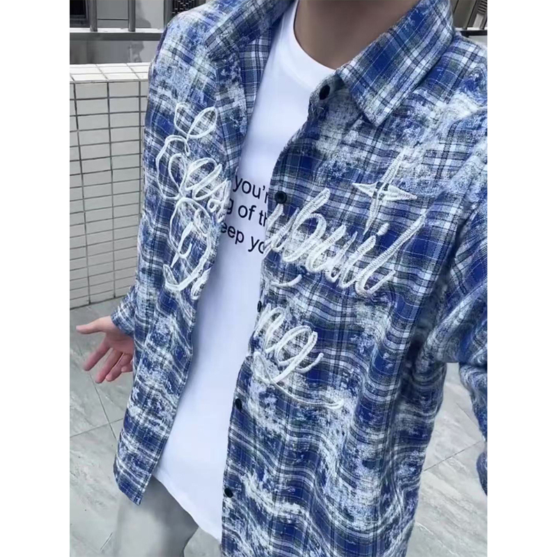 American High Street Letter Embroidered Plaid Shirt Men's Plaid Long-Sleeved Shirt with Cardigan Autum Sun Protection Jacket
