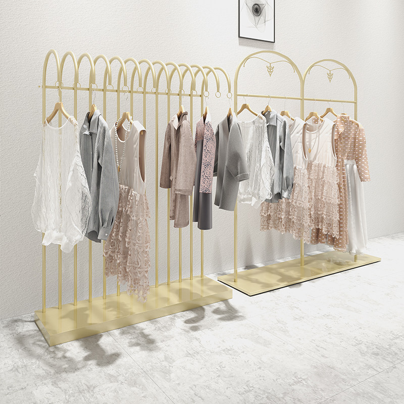Clothing Store Middle Island Rack Hanger Gold Show Shelves Landing Style Women's Clothes Shop Gold Display Shelves Hanging Clothes Racks
