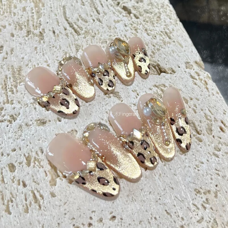 [Sunset Melting Gold] Handmade Wearable Nails, Medium-Length, Whitening, High-End French Style, Cat Eye Leopard Print Manicure, Sparkling