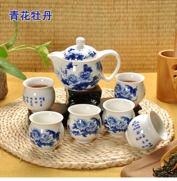 Bộ đồ gốm sứ hai lớp bằng gốm sứ Kung Fu Bộ bộ đồ sứ màu xanh và trắng Bộ hoàn chỉnh bộ khay trà ấm trà biển Ưu đãi đặc biệt - Trà sứ