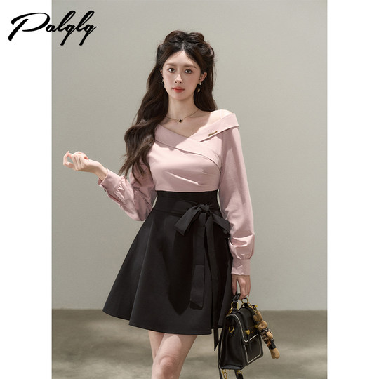 Design-sensual niche fake two-piece v-neck long-sleeved dress