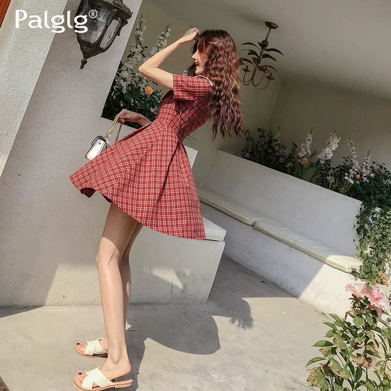 Mùa hè 2020 mới đơn giản khí chất của phụ nữ Váy retro Pháp kẻ sọc đỏ tay ngắn là váy mỏng nữ - Váy eo cao