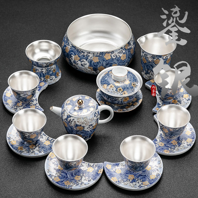 Kunde enamel color gilt silver tea set set whole set of home living room ceramic kung fu teapot lid bowl teacup gift box