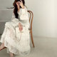 Spot spring spring V-neck heavy embroidered lace long-sleeved waist ruffled pleated cake dress vacation long skirt