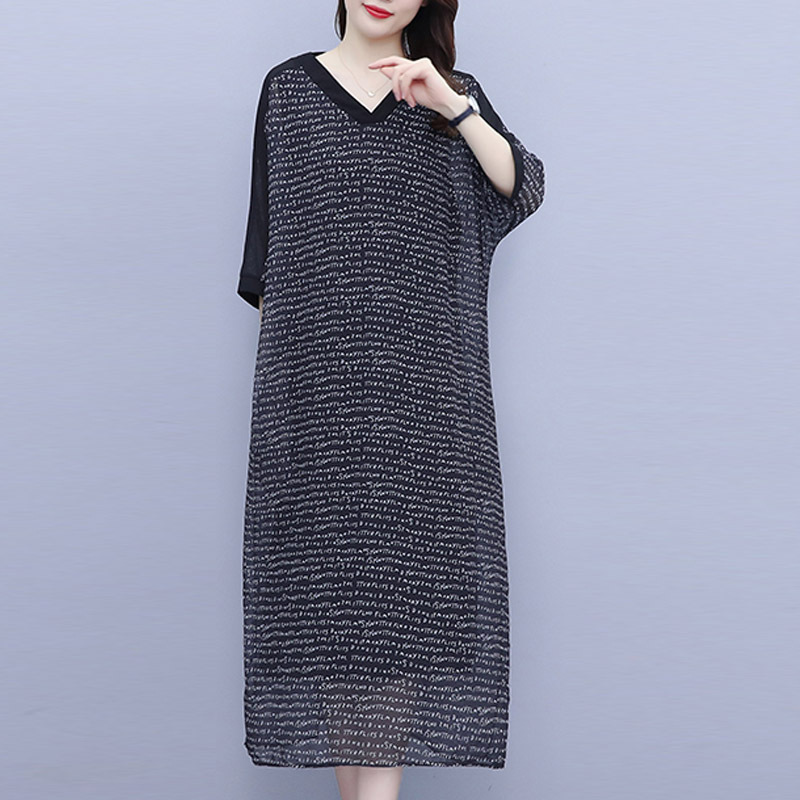 Korean Style Plus-Size Women's New Summer Dress, Printed Chiffon Mid-Sleeve Dress, Loose and Stylish Double-Layered Mid-Length Dress