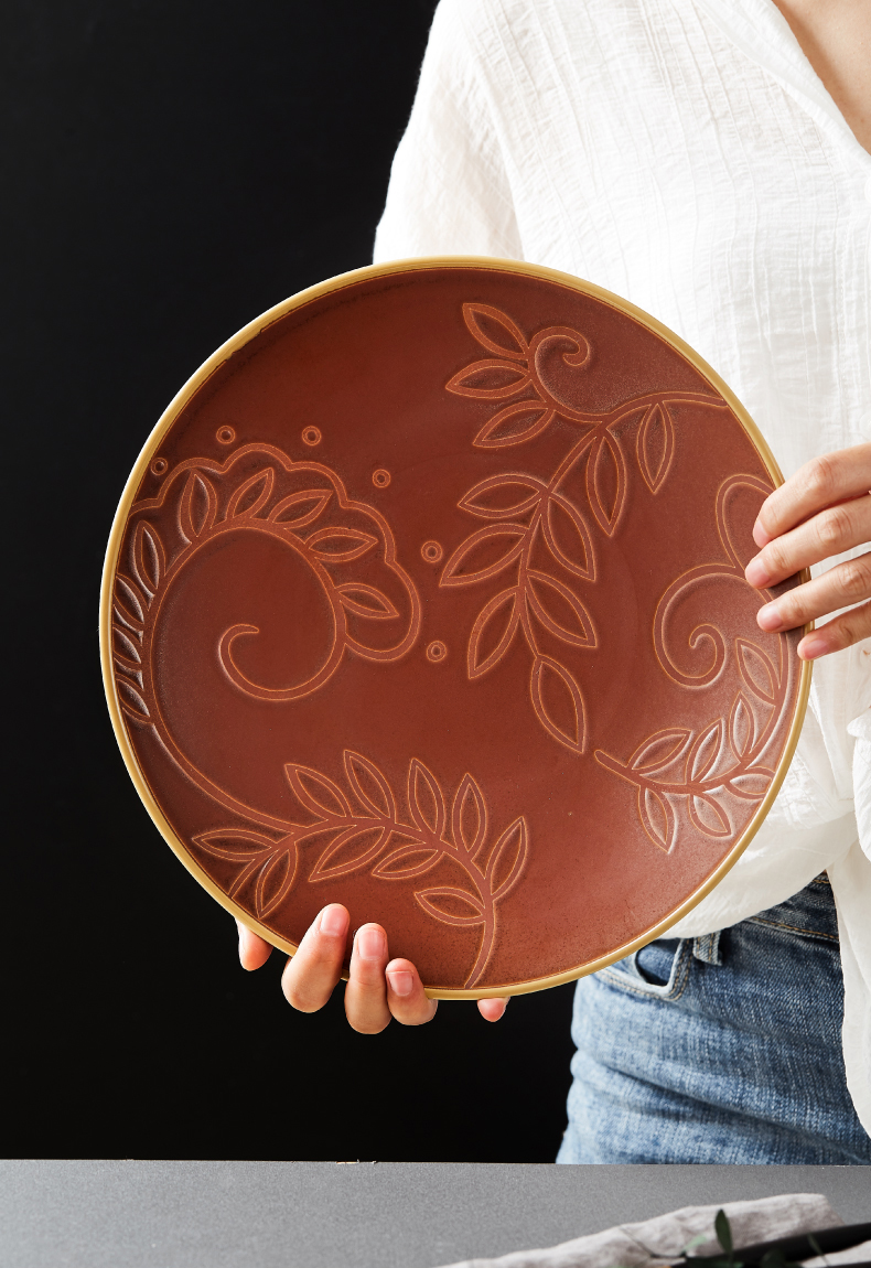 Brand preference European creative steak plate dinner plate of household ceramic tableware relief plate snack plate of restoring ancient ways
