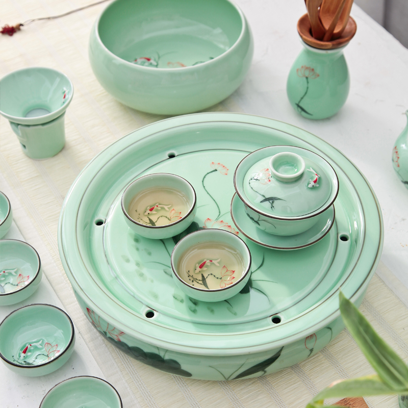 Longquan celadon ceramic tea set round kunfu tea tea tray was round tray household water storage large ship tea big number