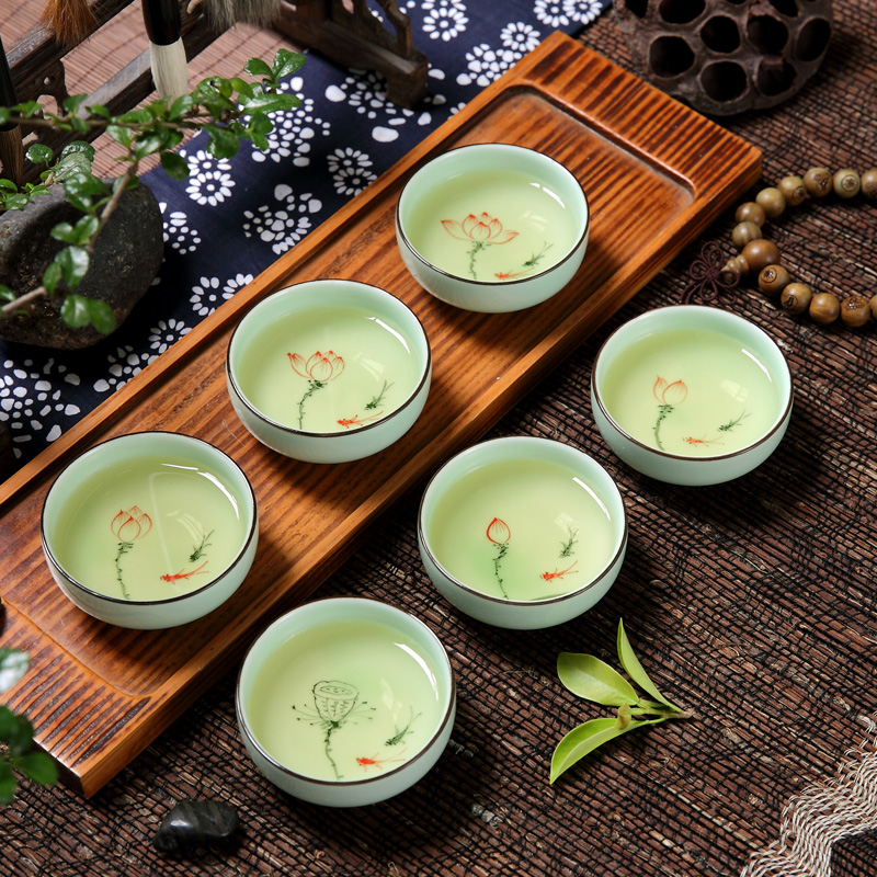 Household longquan celadon kunfu tea tea sets fish noggin ceramic cups porcelain bowl with small fish only