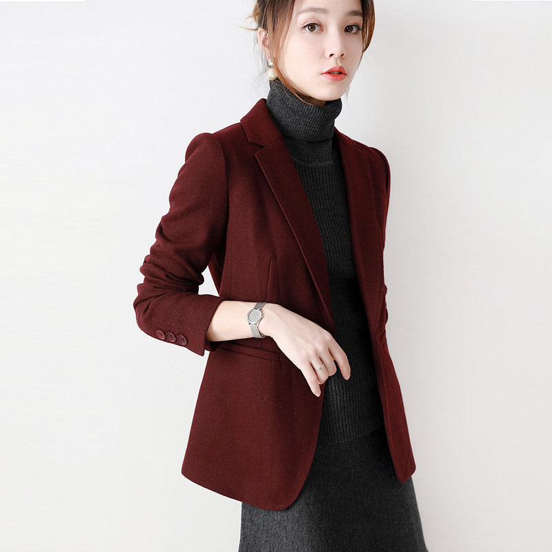 Japanese classic high-end elegant atmosphere Wine red texture wool arch needle Slim slim long version of the blazer
