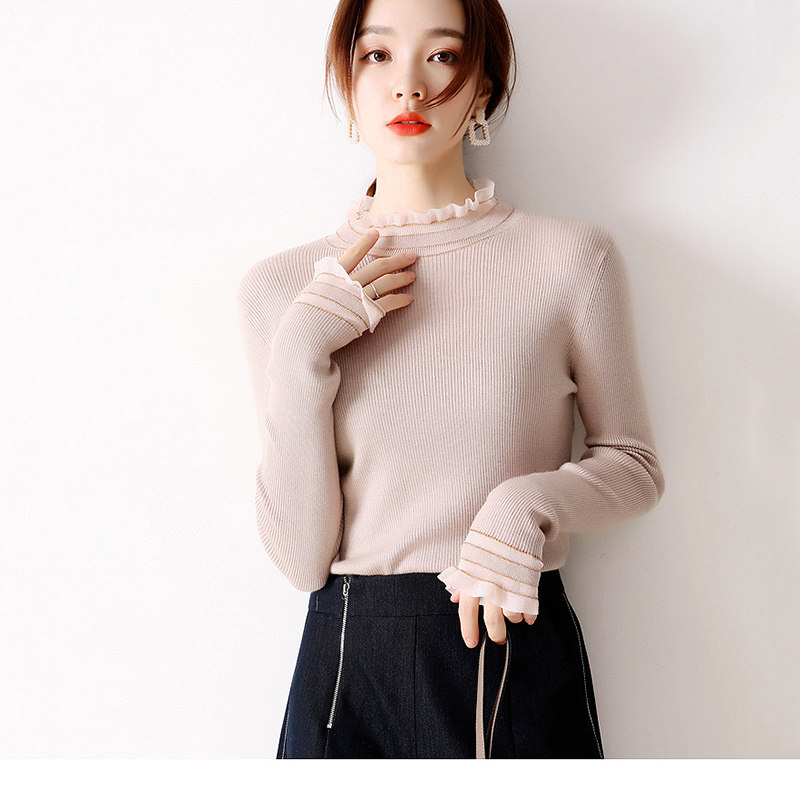 Day Series Women's Clothing Fall New Ougan Yarn Agaric Side Collar Lining Skinny White Color slim thread knit undershirt