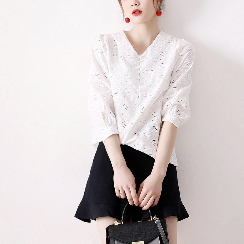 Day Series Women's Clothing Summer New Casual 100 Hitch White Delicate Embroidery Retro Style Bungling Cloth Buttoned 7 Sleeves Hood