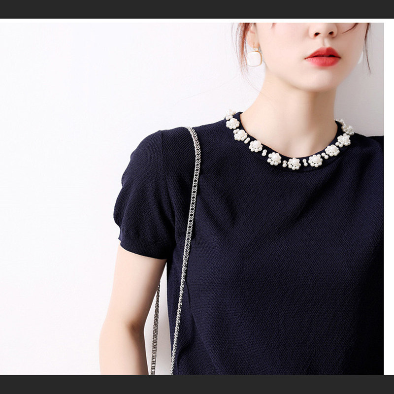 Day Ensemble Women's Summer Temperament Delicate Pearl Dot adorned with small closing sleeves round collar with a genuine silk knit cardiovert blouse