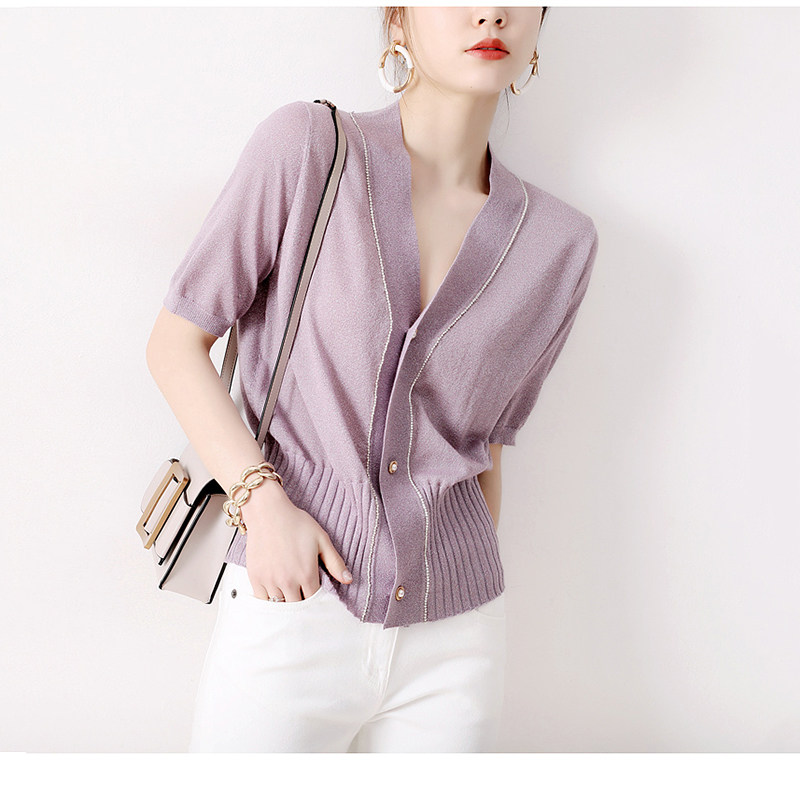 Day-series women's clothing Summer 100 hitch BLING water drill dotted with tiny foam sleeves hem Candy Color Cardiovert