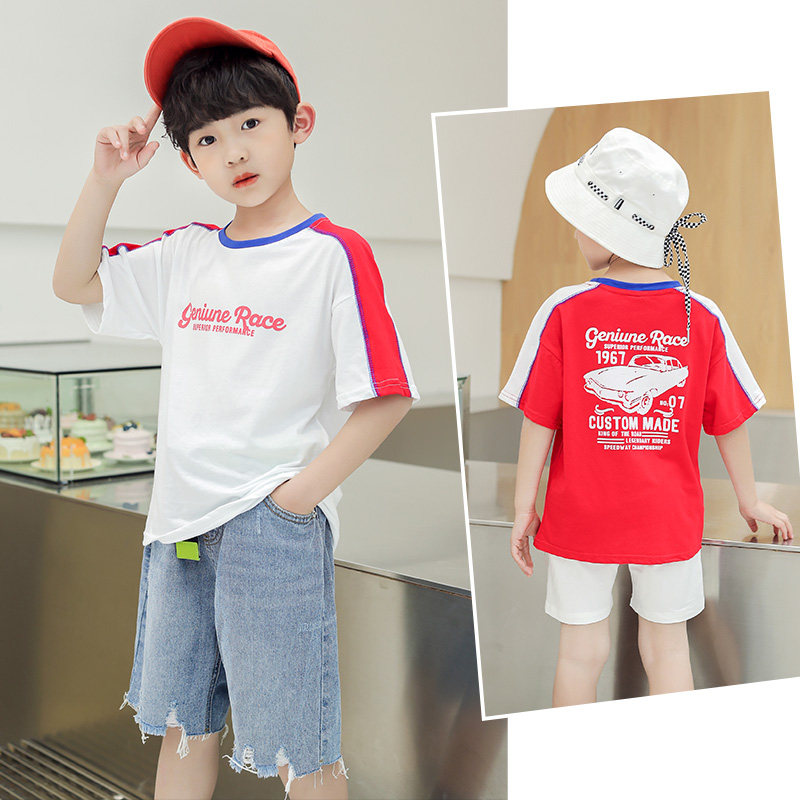 Boys contrast short sleeves 2022 summer new kids medium big boy print loose T-shirt little boy personality top 9