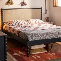 Rattan bed solid wood 1 8 double bed master bedroom home B&B Japanese style furniture black single bed 1 5 meter retro bed