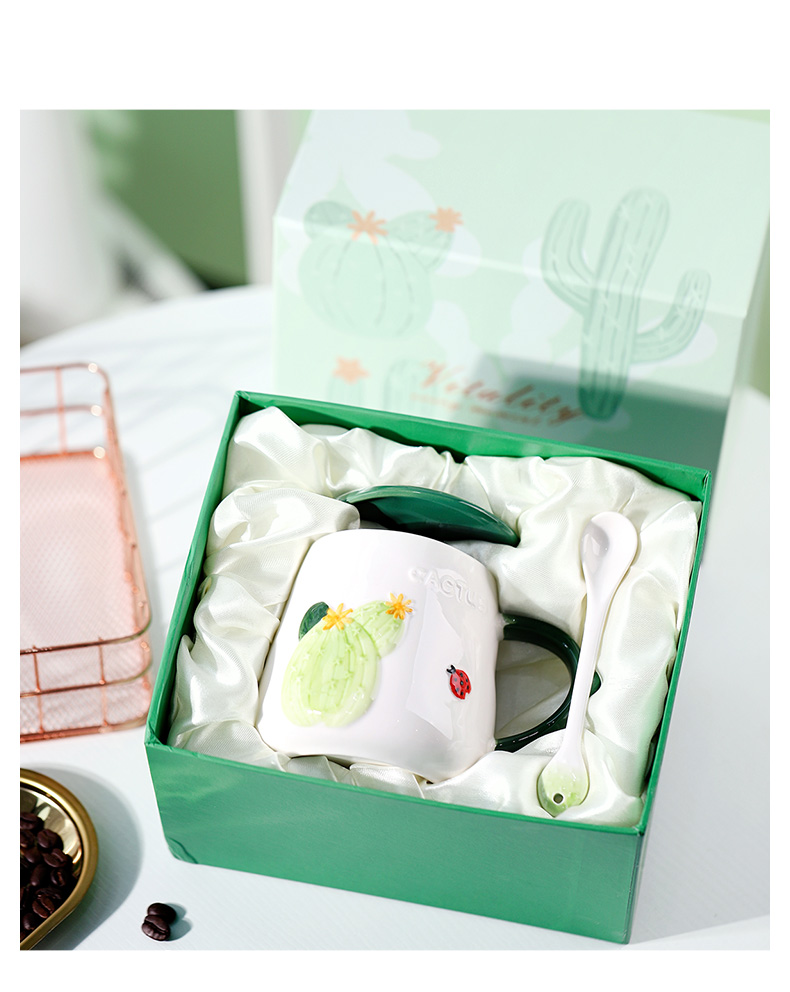 Cactus ceramic cup mark cup with cover spoon, lovely ultimately responds cup getting breakfast coffee cup creative move trend