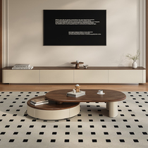 Medieval style coffee table TV cabinet combination living room complete set telescopic household light luxury saddle leather wood grain surface solid wood coffee table