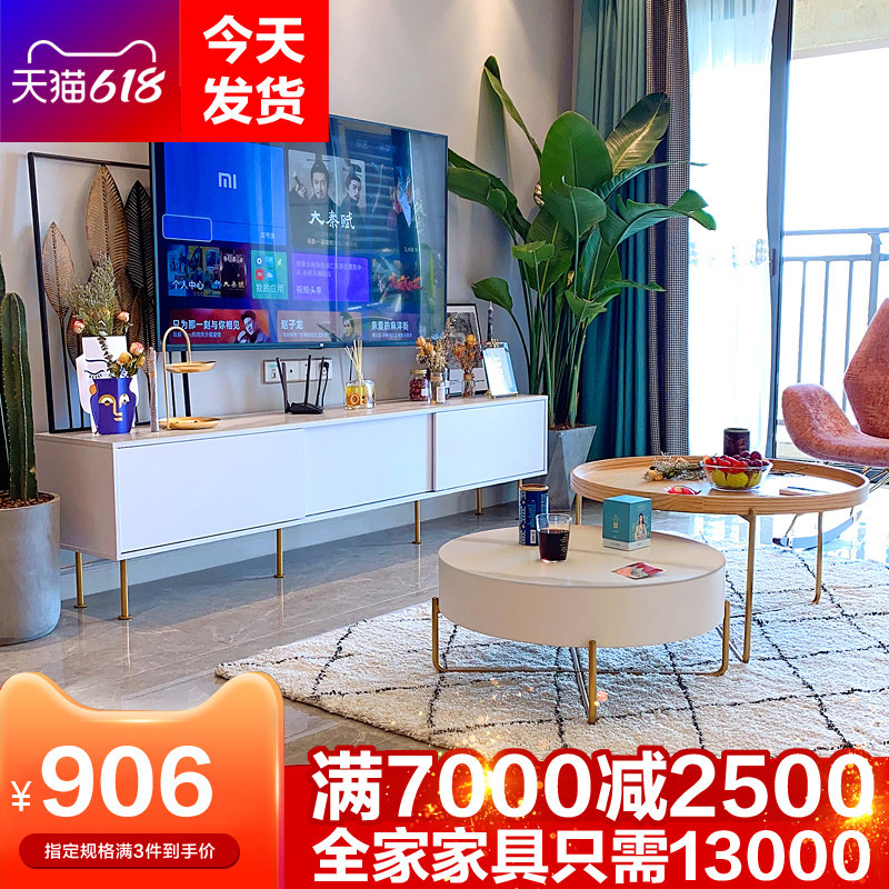 Nordic modern minimalist minimalist light extravagant slab tea table TV cabinet Composition Living room Small family type Fancy White Highland Cabinet