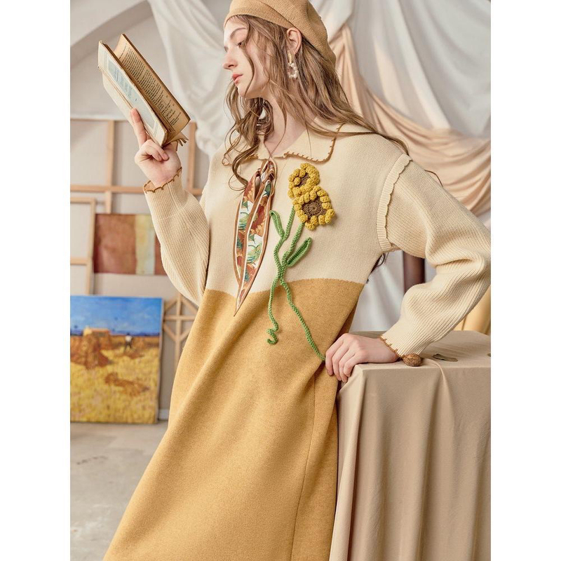 Van Gogh Oil Painting Sweater New Style Three-Dimensional Crochet Flower Print Tie Youthful and Stylish Trendy Knitted Dress