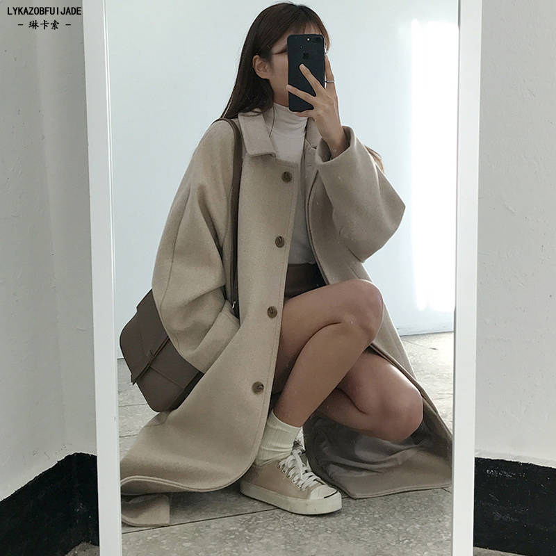 ins风小清新加厚呢子大衣女学生2019秋冬新款 中长款小个子大衣女