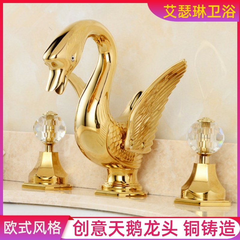 High-end atmospheric crystal handle Swan washbasin faucet Full copper gold faucet Swan washbasin three-hole faucet