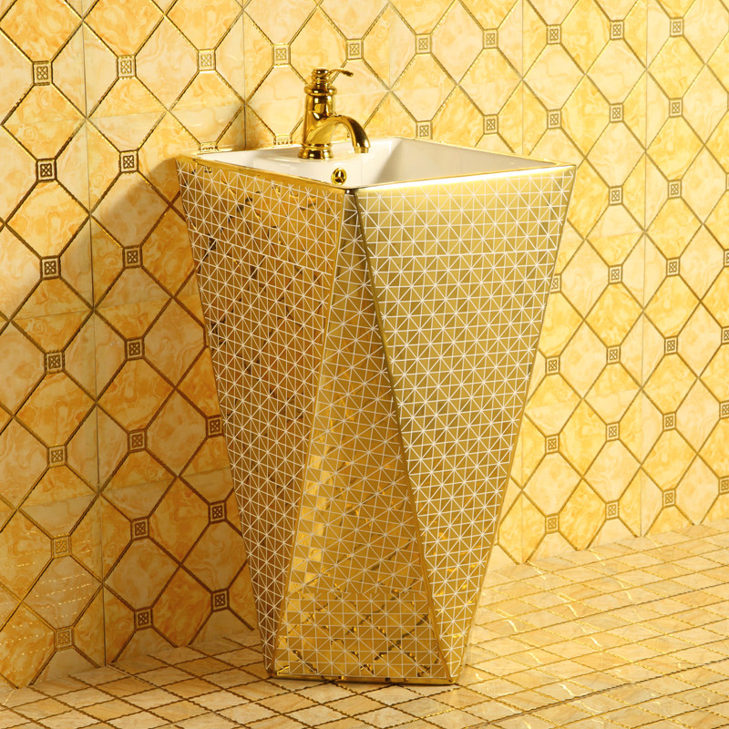 European gold column wash basin household balcony floor-to-column pot ceramic one-in-one hand pool bathroom