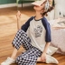 Phiên bản Hàn Quốc của đồ ngủ nữ mùa hè cotton ngắn tay dễ thương tươi sinh viên kẻ sọc quần chín điểm hai mảnh phù hợp với dịch vụ nhà mỏng - Giống cái