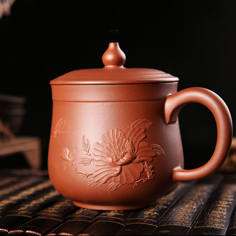Statute of mud TaoGe yixing purple sand cup run of mine ore peony cup cup tea cups with cover the qing cement office by hand