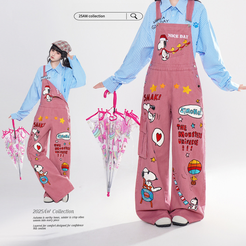 American-Style Cartoon Playful Snoopy Embroidered Denim Overalls for Women, Spring/Summer 2026 New Loose-Fitting College Jumpsuit