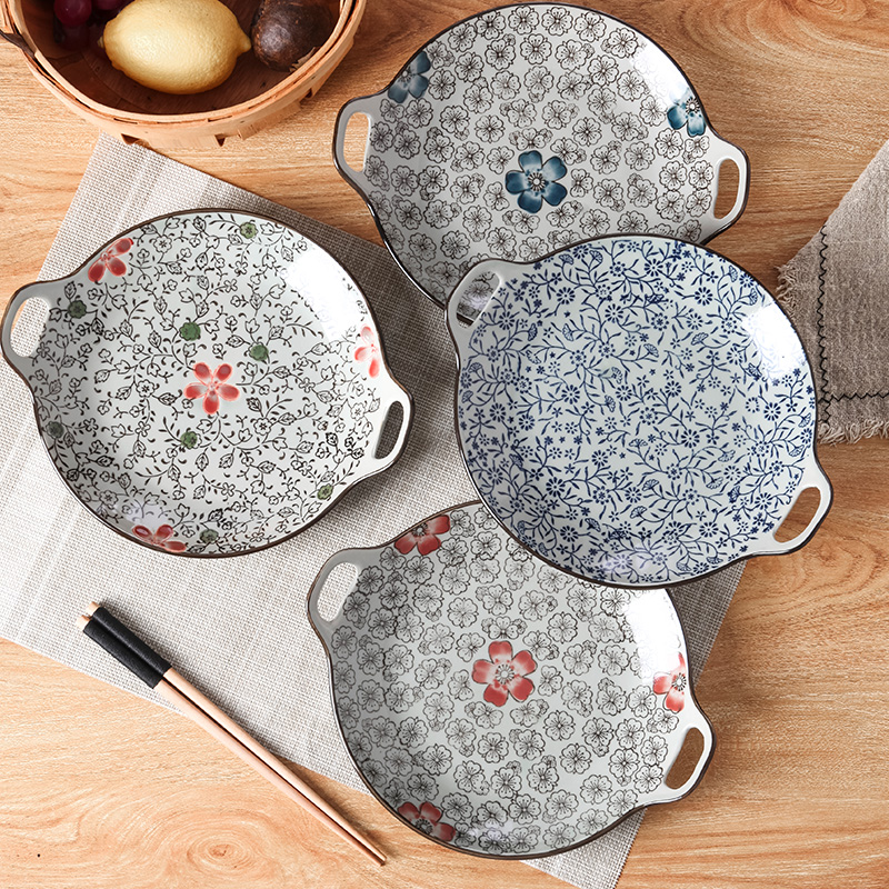 Two ear baked dish Japanese circular dish creative breakfast plate ceramic plate household soup dish