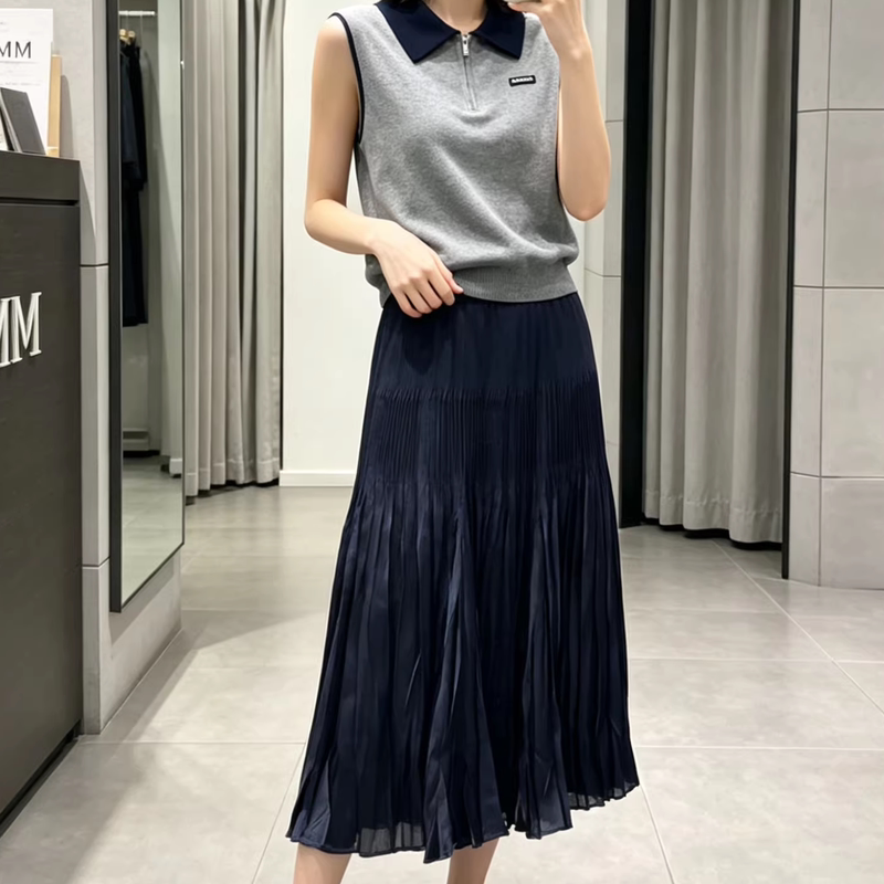 Mai Series 2026 Summer New Fashionable Navy Blue Versatile Elegant Pleated Skirt with Elastic Waist 5H4240401