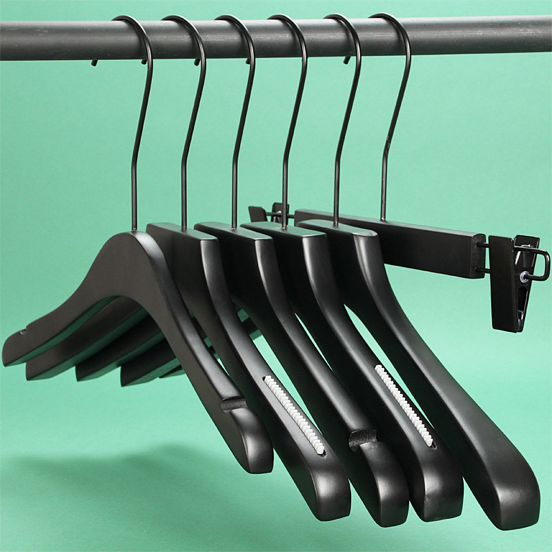 Adult Clothing Shop Hanger Pure Black Wood Hanger Wholesale Non-slip Solid Wood Clothes Hanging Brace Pants Logo Custom Long Hook
