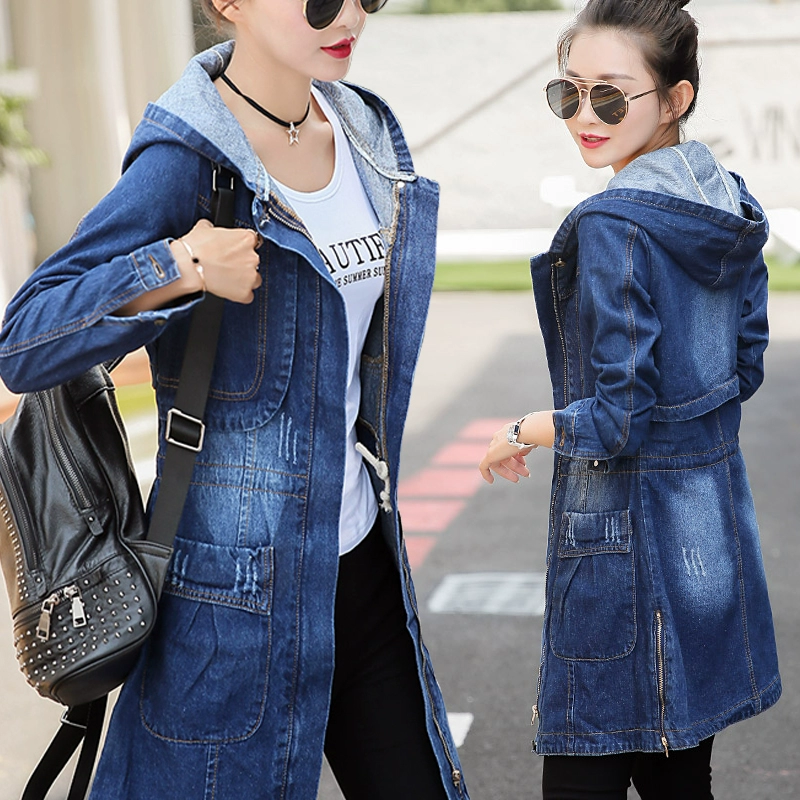 Áo gió denim 2020 mùa xuân và mùa thu mới phong cách Hàn Quốc có mũ trùm đầu lỏng lẻo sang trọng phụ nữ quần áo học sinh bf áo khoác dài giữa xu hướng của phụ nữ - Trench Coat