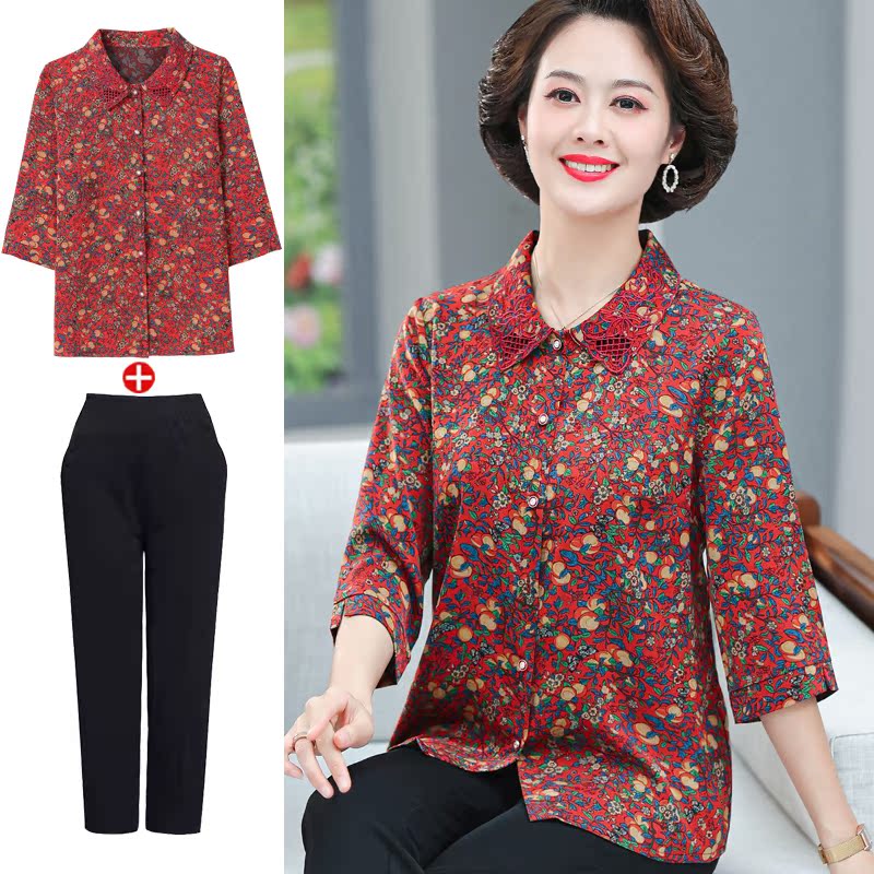 Middle aged female style your wife Broken Flowers Shirt Foreign Pie mother's summer clothes Hangzhou true silk mulberry silk blouse suit