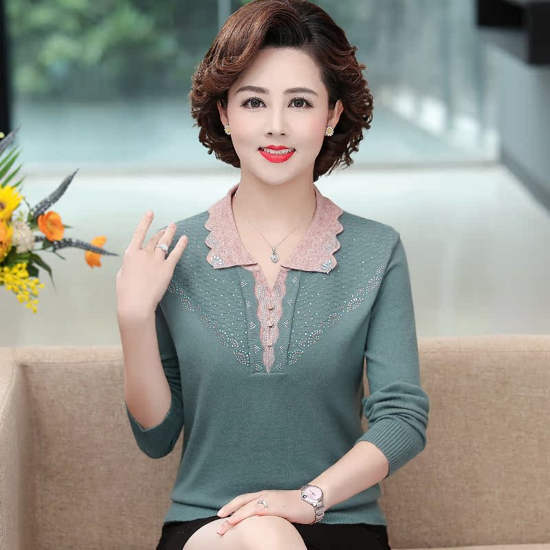 Middle Aged Spring Autumn Dress Women's Foreign Pie Blouses Add Fat Up Overweight Mom Thin Sweater Over the T-shirt