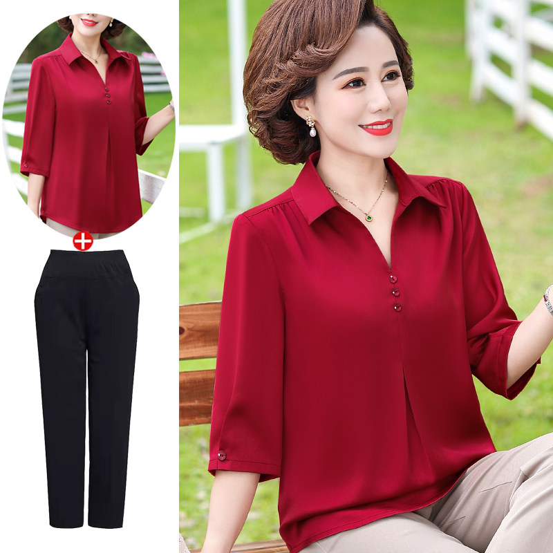 Mother Summer Clothing Plus Fat Increase Code Real Silk Blouses Foreign Pie 40-year-old 50 middle aged woman Sleeves Mulberry Silk Shirt