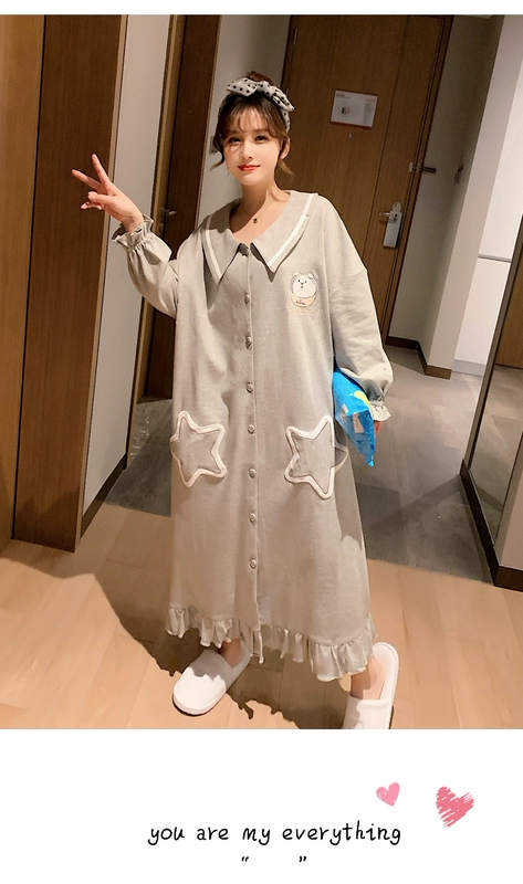 Bộ đồ ngủ nữ mùa xuân và mùa thu cotton tinh khiết dài tay ngọt ngào và đáng yêu ngôi sao áo sơ mi dài kiểu dáng váy ngủ Hàn Quốc phục vụ tại nhà - Đêm đầm