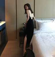 Flushing Han phong cách Chic gợi cảm backless váy dài váy nữ đầu thu khí chất mỏng chia váy nhung váy dài