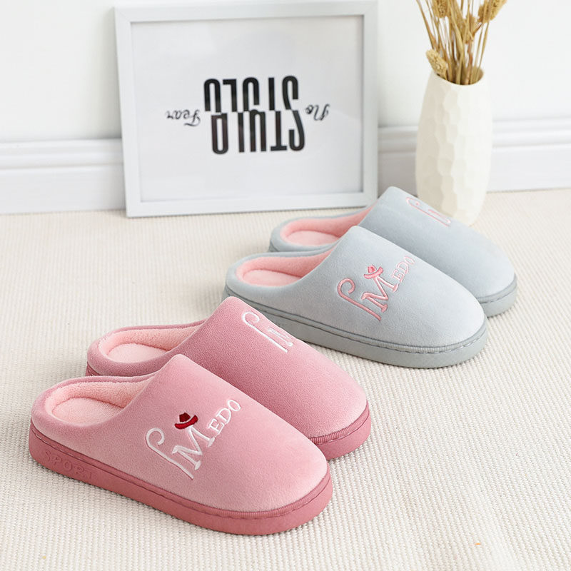 Plush slippers couples home bedroom home plush warm confinement heelless Korean version cotton slippers women's bag winter