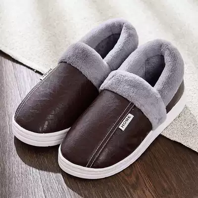 Leather slippers men's winter warm belt heels and heels thickened waterproof middle-aged and elderly men's cotton slippers non-slip