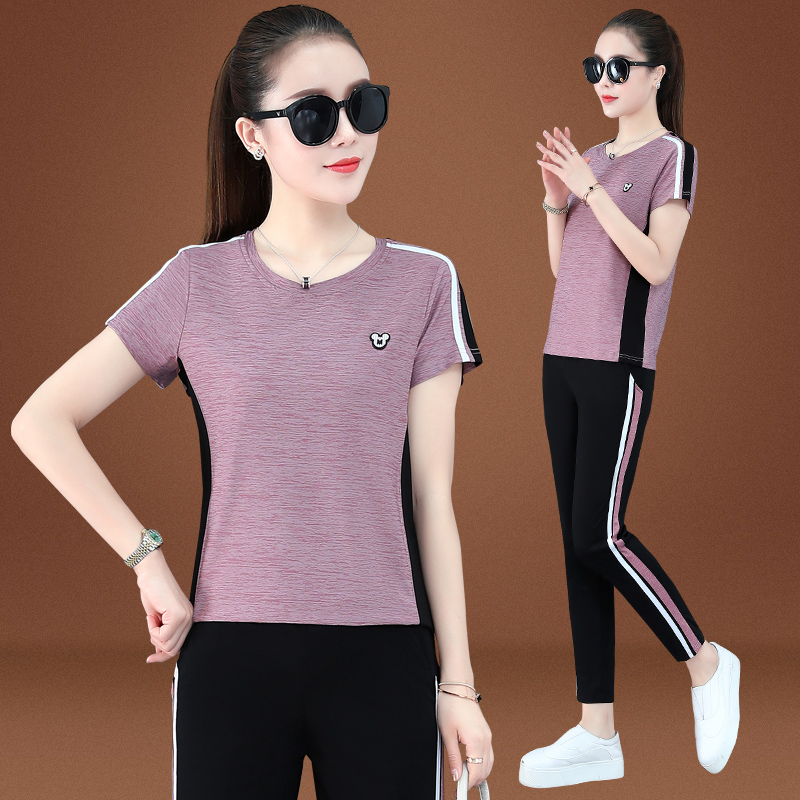 361 Jordano brand sports suit female summer ice wire running casual suit two pieces of round collar T - shirt nine pants