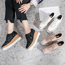 2021 new summer slope heel hollow breathable single shoes womens inner height lace net shoes casual cake shoes women