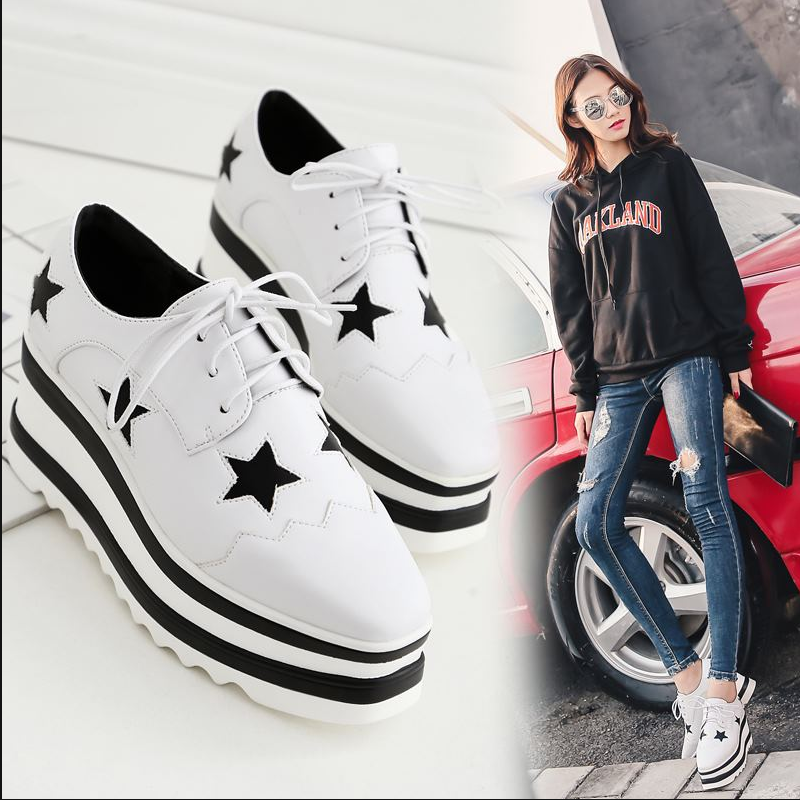 Striped bottom star platform shoes women's 2021 new thick bottom wild Korean version of the British spring square toe shoes casual shoes