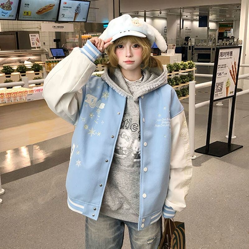 American-Style Shell Snowflake Embroidery Baseball Jacket Spring and Autumn Student Loose Coat Women's Retro Couple Loose Jacket Top