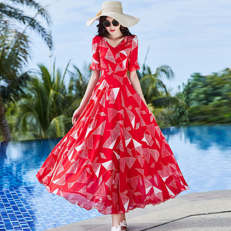 Red Dress Summer Women's 2026 New Style Waist-Cinching Slimming Elegant Long Skirt with Large Hem Fashionable Chiffon Fairy Dress