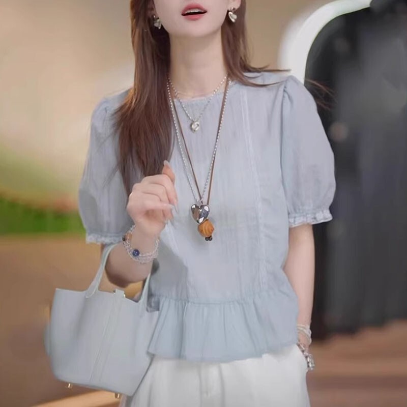 Round Neck Lace Short-Sleeved Shirt for Women Summer 2026 New Style Blue Elegant Blouse High-End Shirt Top